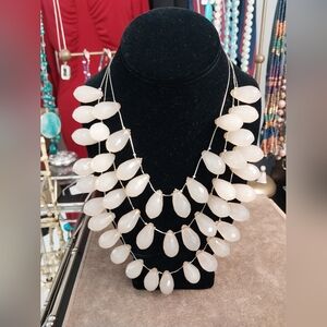 Vintage Statement Necklace Pear shaped Glass beads 3 silver tone strands